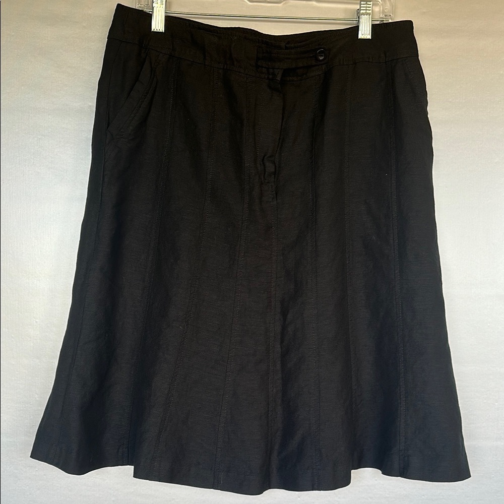 Larry Levine Black Flare Linen Blend Women Skirt Size 14 Pocket Front Zip/Button